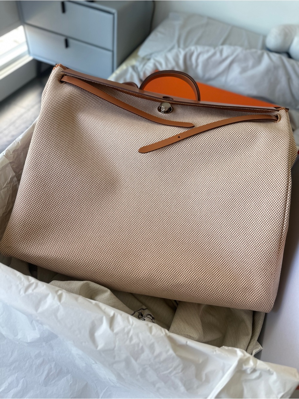 Hermes Herbag 50 Beige Canvas Tote with Tan Leather Trim